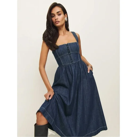 Reformation Jeans Tagliatelle Dark Wash Blue Denim Midi Dress sz 6 - Picture 3 of 15
